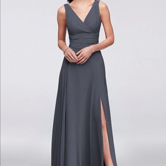 NWT David's Bridal surplice tank long chiffon bridesmaid pewter column gown - Picture 2 of 10